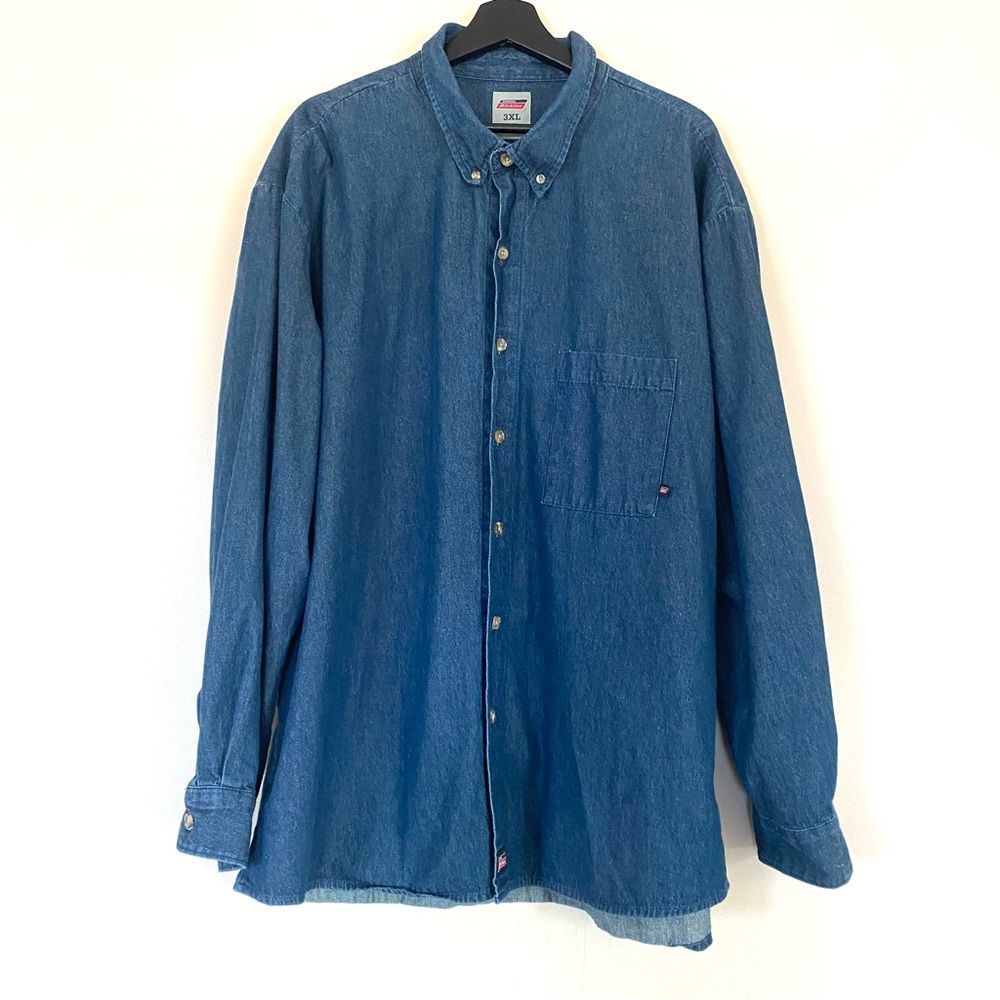 Dickies Men’s Long Sleeve Blue Denim Button Down Shirt EUC